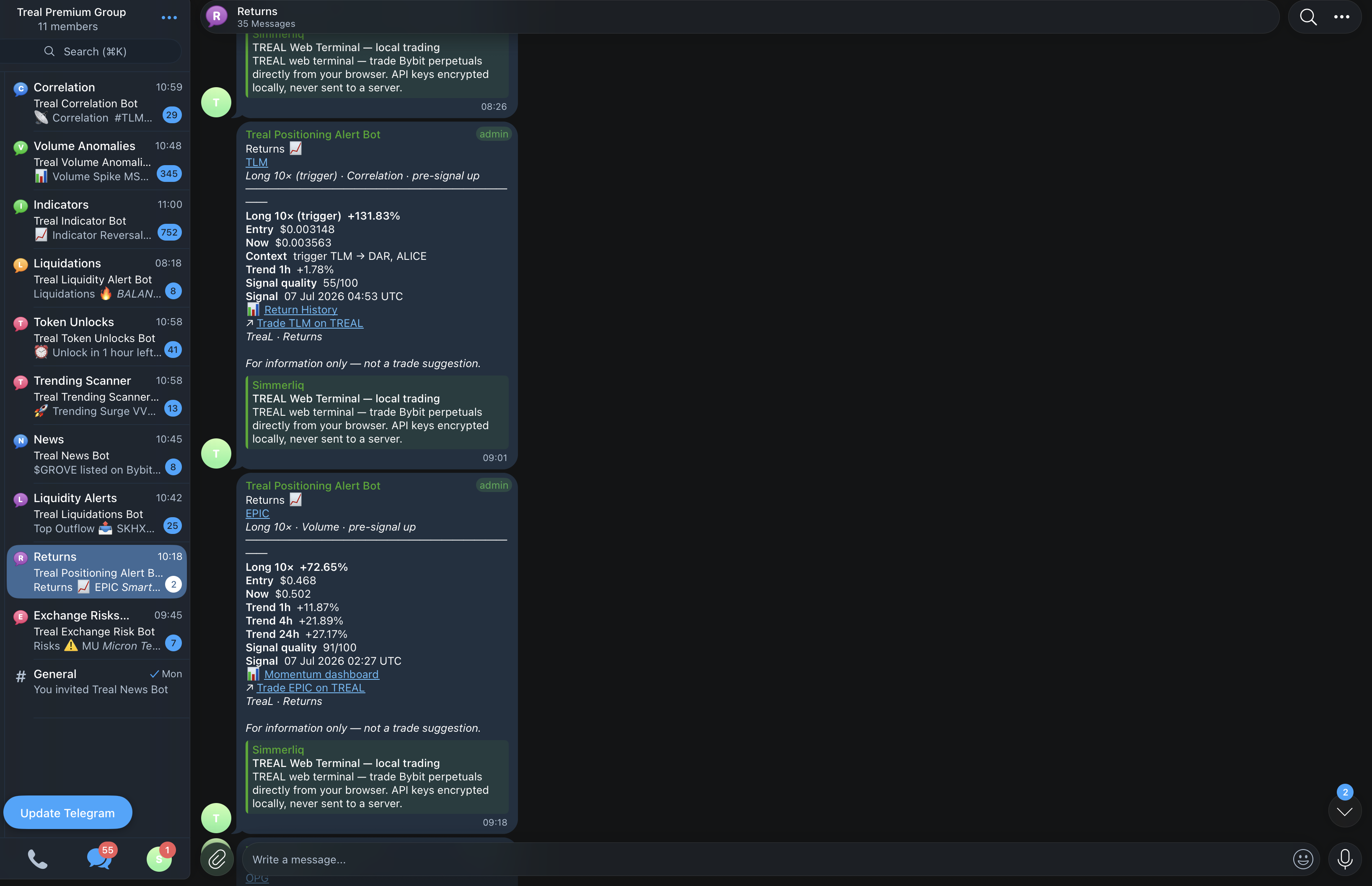 TREAL Premium Telegram supergroup with forum topics for signals
